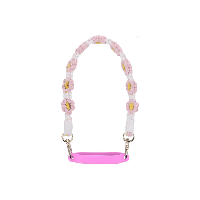 Woven Flower Tumbler Strap - A drink bottle strap featuring a woven floral design in pink, yellow, and white, with a pink silicone base and metal clips.
