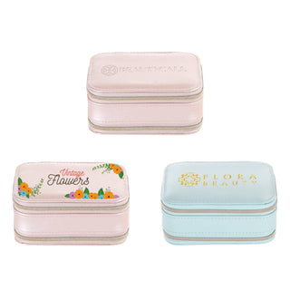 Fashion PU Leather Jewellery Case with Mirror - A set of three PU leather jewellery cases in pastel pink and blue, featuring floral designs and zip closures.
