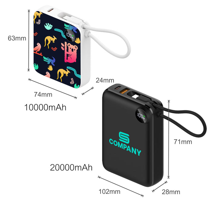 10000mAh Power Bank with Charging Cable - A power bank in white with colourful animal designs, and a black power bank, both showcasing different capacities and a logo.