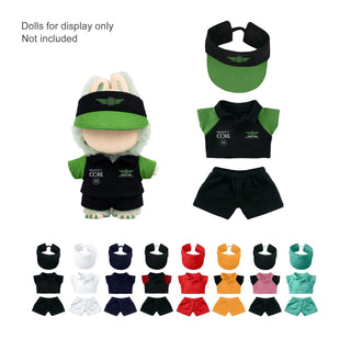 Plush Doll Racing Suit Set (15–17cm Doll) - A plush doll racing suit set including a green and black outfit, cap, and various coloured shorts and tops.