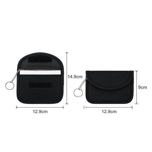 Faraday RFID Blocking Key Pouch - A black RFID blocking key pouch with dimensions displayed, featuring a zippered compartment and a key ring.