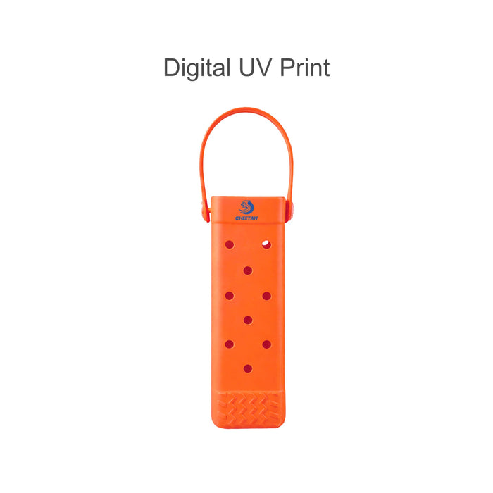 EVA Holes Wine Bottle Bag - An orange EVA wine bottle bag with holes and a handle, featuring a logo.