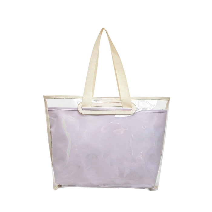 Tote Bag With Detachable PVC Cover - A lavender tote bag with a detachable clear PVC cover and cream handles. It includes a zippered inner pouch.