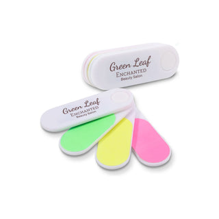 Foldable Nail File Block - A foldable nail file block in white, featuring pink, yellow, and green filing surfaces, with a branding logo.