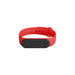 Medicine Box Wristband - A red wristband with a black rectangular feature and a logo, made from flexible material.