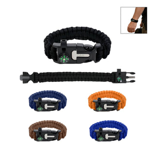5 in 1 Survival Bracelet - A black survival bracelet featuring a compass and a multi-tool, available in multiple colours including orange, brown, and blue.
