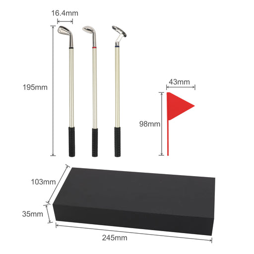 Golf Pen Gift Set - A golf pen gift set featuring three golf club-shaped pens and a black gift box with a red flag.