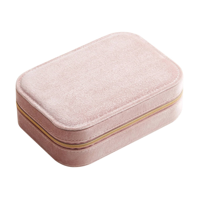 Velvet Jewellery Box with Compartment - A pink velvet jewellery box with a compartment and a gold zipper. It features a soft, textured exterior.