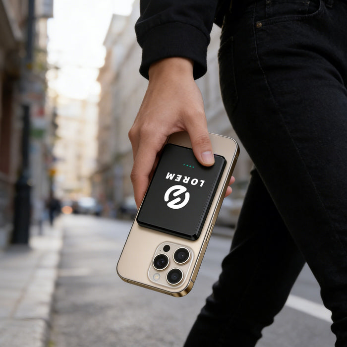 5000mAh Magnetic Wireless  Power Bank - A 5000mAh magnetic wireless power bank in black is attached to a gold smartphone, held by a person walking on a street.