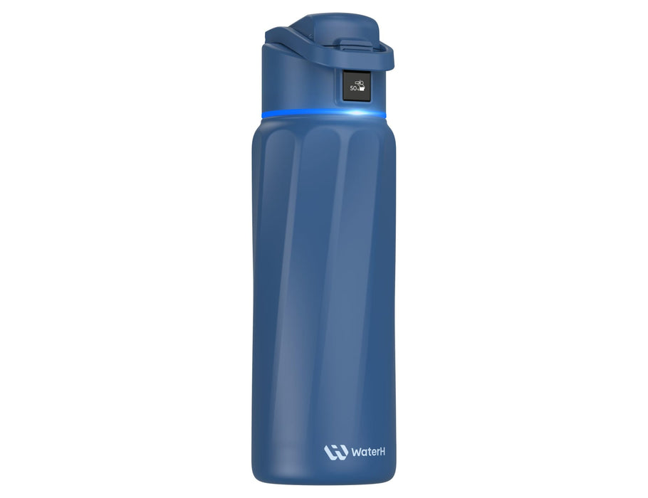 WaterH Boost Smart Bottle 32oz (946ml) - A drink bottle in navy blue with a sleek design and a logo on the side. Features a secure lid and LED indicator.