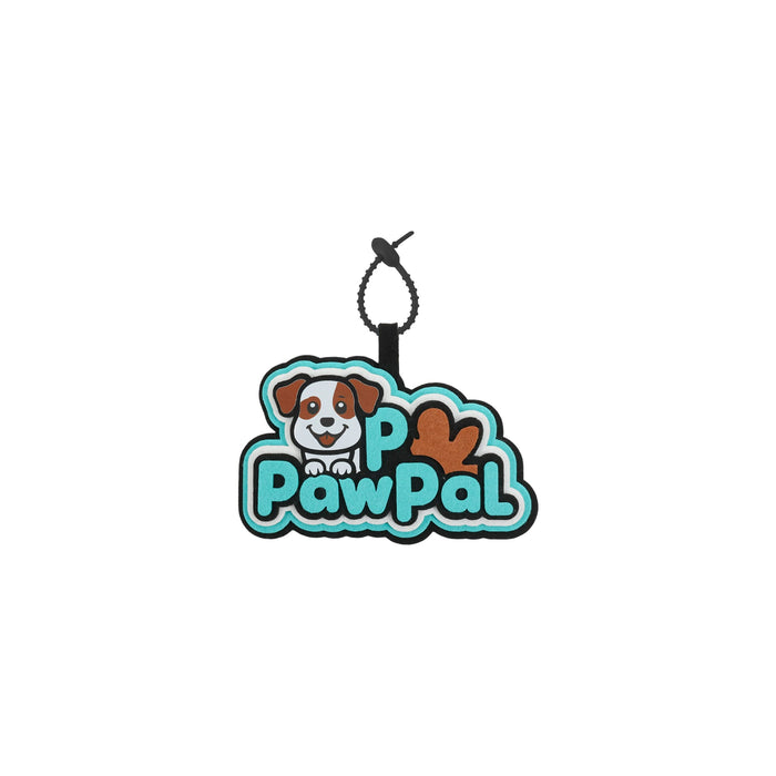 Custom Felt Hanging Tag - A custom felt hanging tag featuring a playful dog graphic, predominantly in turquoise, brown, and black.