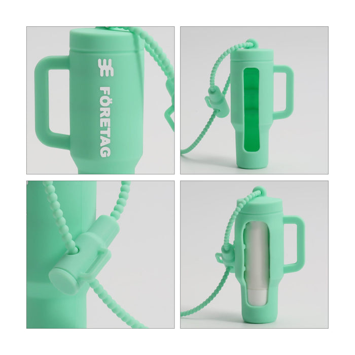 Lip Balm Holder Keychain - A mint green lip balm holder keychain with a handle and a transparent section, featuring a logo.