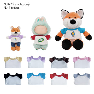 Plush Doll Raglan T-Shirt - A collection of colourful raglan t-shirts in various pastel shades, displayed with plush dolls. Some shirts feature different collar colours.