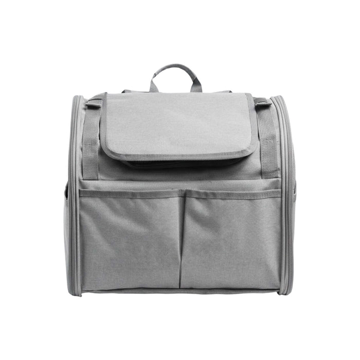 Pet Backpack Carrier with Expandable Design - A grey pet backpack carrier featuring an expandable design and multiple storage pockets. It has a handle and straps.