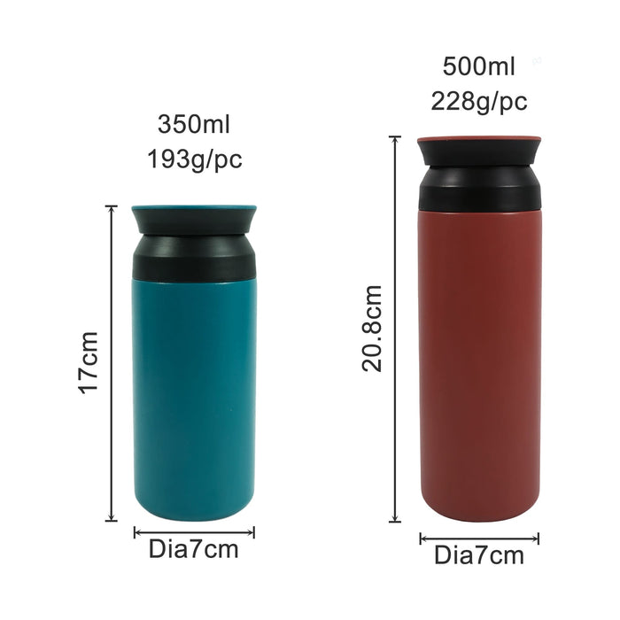350ML/500ML Double Wall Stainless Steel Drink Bottle - A drink bottle duo featuring a turquoise 350ml and a red 500ml, both with black lids and a logo.