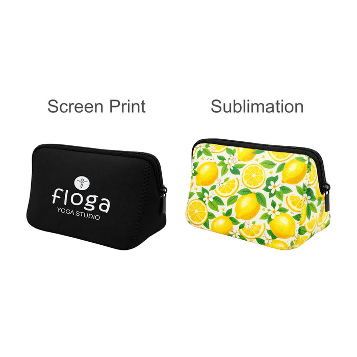 Neoprene Cosmetic Bag - A black neoprene cosmetic bag with a logo and a yellow bag with a lemon pattern. Both feature zippers.