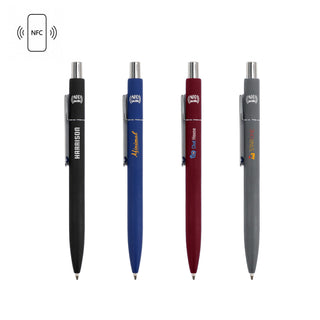 NFC Metal Ballpoint Pen - A collection of four metal ballpoint pens in black, blue, maroon, and grey, featuring a logo and NFC technology.