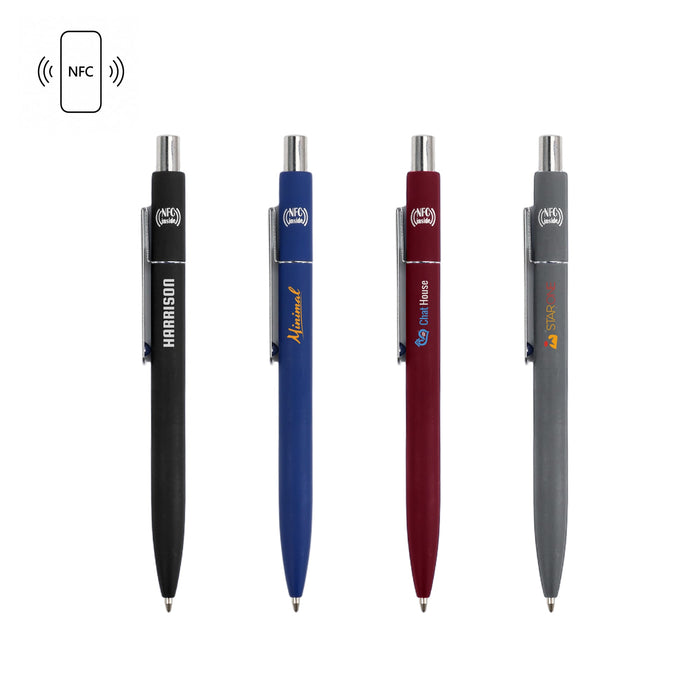 NFC Metal Ballpoint Pen - A collection of four metal ballpoint pens in black, blue, maroon, and grey, featuring a logo and NFC technology.