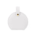 Small Portable PU Leather Jewellery Box - A round white PU leather jewellery box with a gold snap closure and a flat handle. It has an embossed logo.