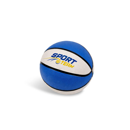 Mini Promotional Basketball - A blue and white mini basketball featuring a logo. The ball has a textured surface for grip.