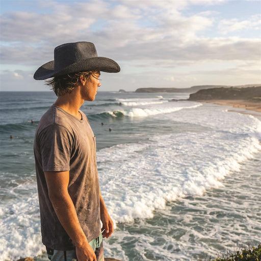 Airlie Paper Straw Hat - A person wearing a black straw hat stands by the ocean, gazing at the waves and surfers.