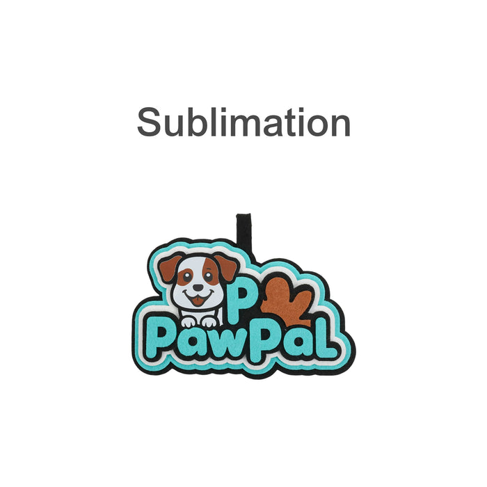 Custom Felt Hanging Tag - A custom felt hanging tag in blue, black, and brown featuring a cartoon dog and the text "PawPal."