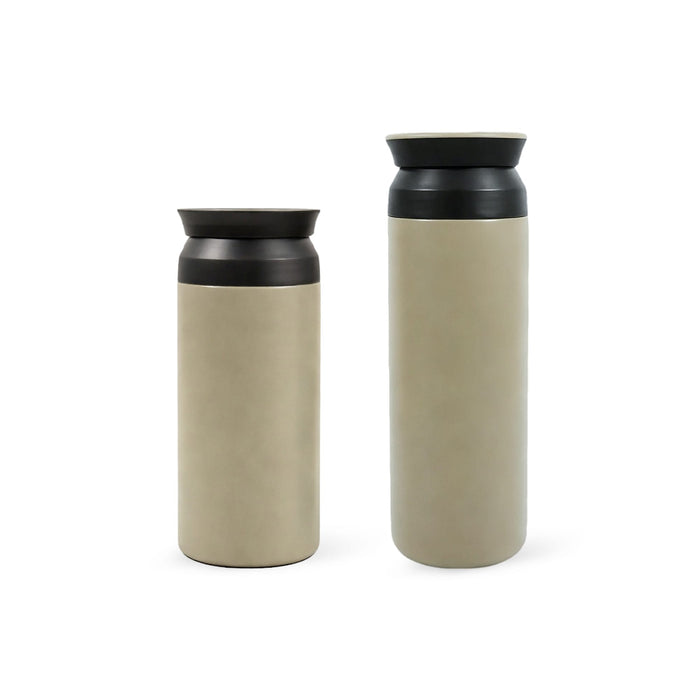 350ML/500ML Double Wall Stainless Steel Drink Bottle - A drink bottle set featuring two double wall stainless steel bottles in a beige and black colour scheme, with a logo.