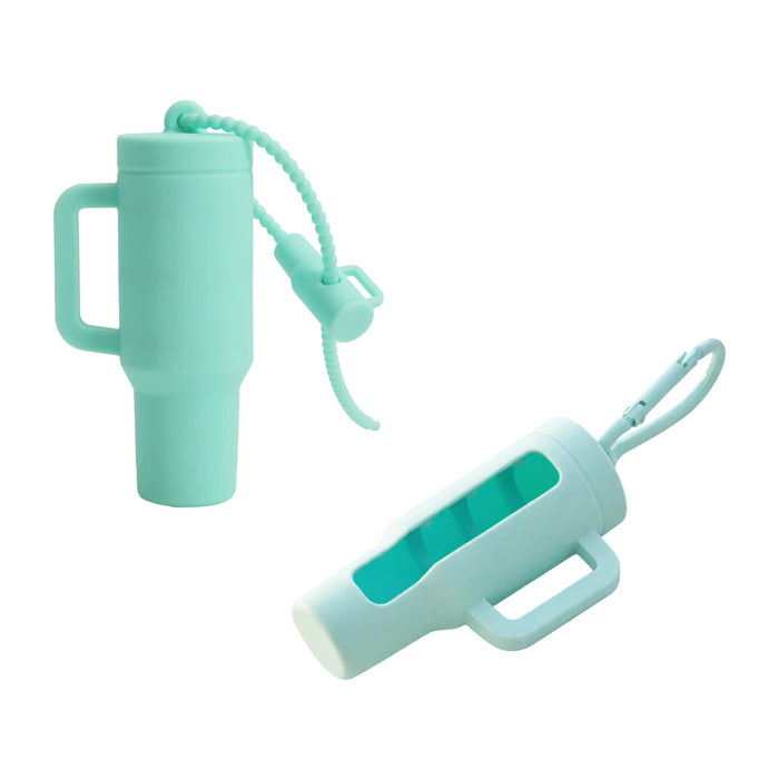 Lip Balm Holder Keychain - A mint green lip balm holder keychain featuring a cylindrical design and a hook for easy attachment.