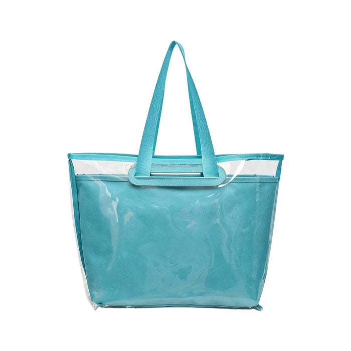 Tote Bag With Detachable PVC Cover - A turquoise tote bag with a detachable PVC cover and sturdy handles. It features a clear front panel and spacious interior.