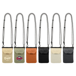 Minimalist Crossbody Phone Bag - A collection of minimalist crossbody phone bags in green, orange, grey, black, and cream, featuring adjustable straps and logos.