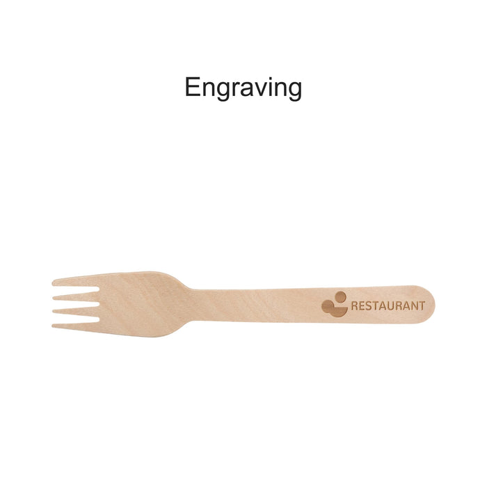 Pack of 100 Per Pack Disposable Wooden Cutlery - (Forks /Spoons/Knives/2 in 1 Spoon and fork)-(Big) - A wooden fork with a smooth finish, featuring a logo engraving. The fork is light in colour and disposable.