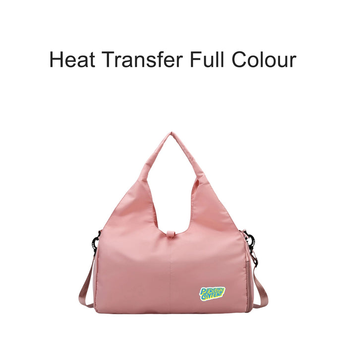 Duffle Bag With Yoga Mat Strap - A pink duffle bag featuring a strap and a logo, designed with a sleek, modern look.