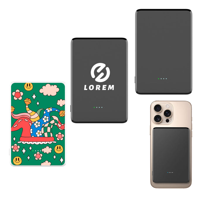 5000mAh Magnetic Wireless  Power Bank - A collection of power banks, including a colourful design and a sleek black model, with a logo present.