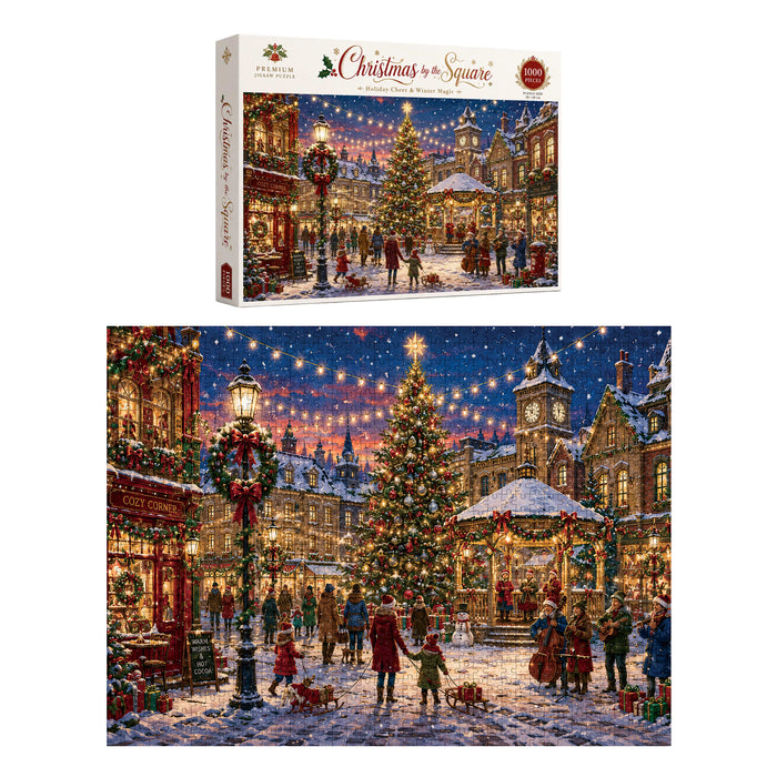 Custom Gift Box Jigsaw Puzzle - A colourful jigsaw puzzle featuring a festive winter scene with a decorated Christmas tree and snow-covered streets.