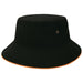 Sandwich Brim Bucket Hat - A black bucket hat with an orange trim, featuring eyelets and a logo.