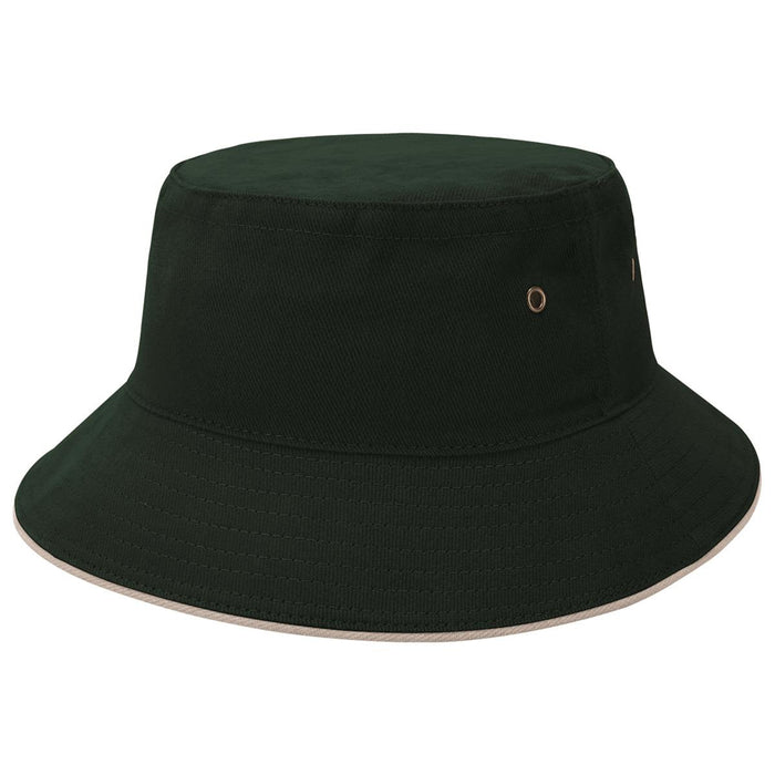 Sandwich Brim Bucket Hat - A dark green bucket hat with a contrasting trim and decorative eyelets. It features a round, wide brim design.