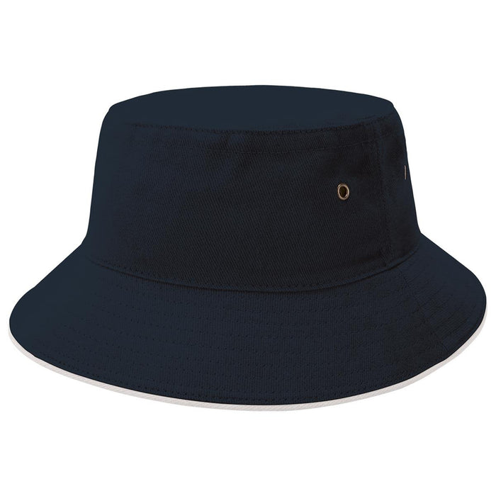 Sandwich Brim Bucket Hat - A navy blue bucket hat featuring a wide brim and a small branding logo.