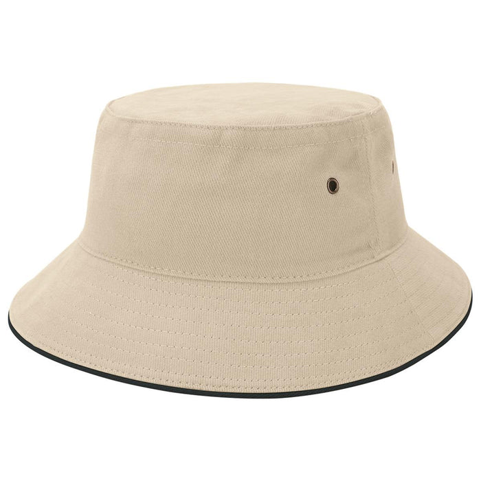 Sandwich Brim Bucket Hat - A beige bucket hat featuring a wide brim and eyelets, with a contrasting trim around the base.