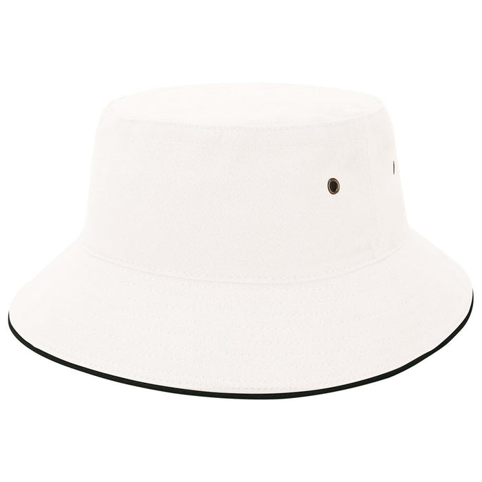 Sandwich Brim Bucket Hat - A white bucket hat with a wide brim and a contrasting black edge, featuring small ventilation holes.