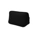 Neoprene Cosmetic Bag - A black neoprene cosmetic bag with a zip closure and stitched detailing. It features a logo on one side.