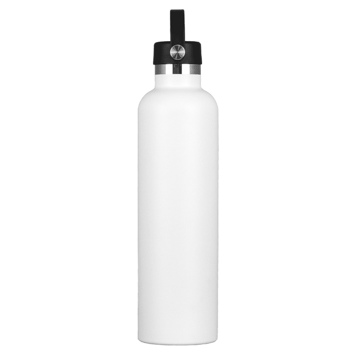 The Tank 2.0 Stainless Steel 1L Drink Bottle - A drink bottle that is white with a black lid and features a logo. It has a capacity of 1 litre.