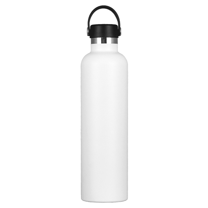 The Tank 2.0 Stainless Steel 1L Drink Bottle - A drink bottle in matte white stainless steel, featuring a black cap and handle. Includes a logo on the surface.