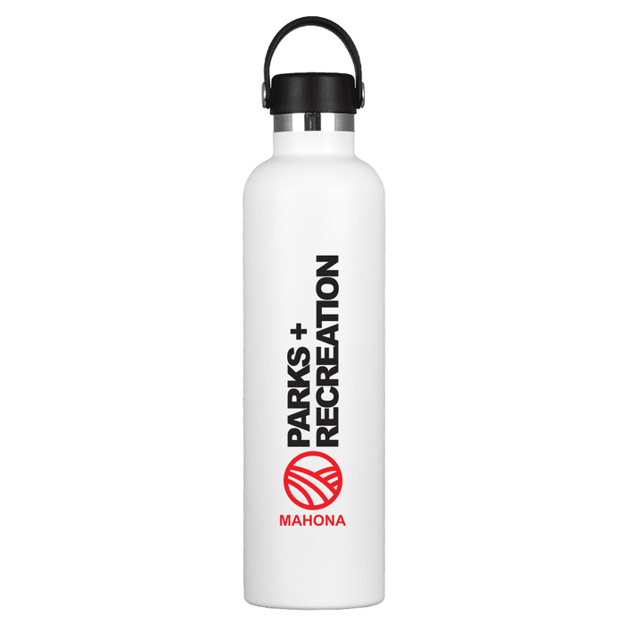 The Tank 2.0 Stainless Steel 1L Drink Bottle - A drink bottle with a sleek white design, featuring a black top and a logo. It holds 1 litre of liquid.