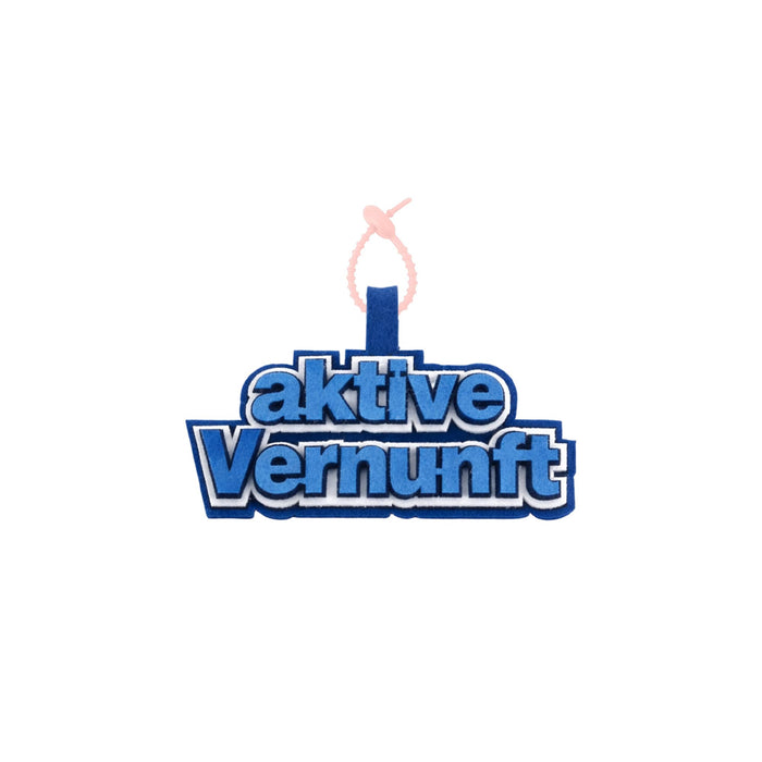Custom Felt Logo Hanging Tag - A blue and white felt hanging tag with a logo and a pink attachment.