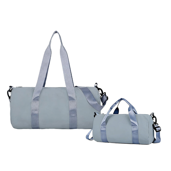 Bucket Duffle Bag With Wide Straps - A light blue bucket duffle bag featuring wide straps, with a larger and smaller size displayed. Includes a logo.