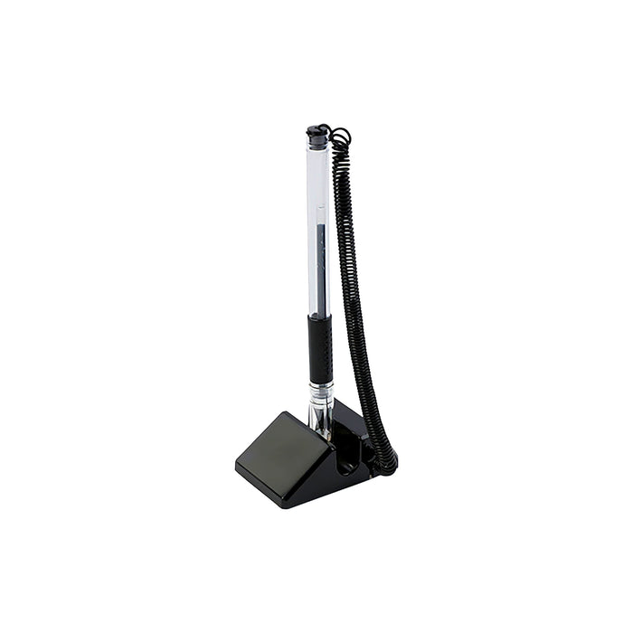 Counter Fixed Signature Pen A - A black counter fixed signature pen with a clear barrel and coiled cord, resting on a triangular base.