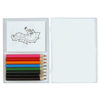 Colouring Set - A colouring set featuring an assortment of coloured pencils in red, blue, green, yellow, black, and brown, with blank sheets.