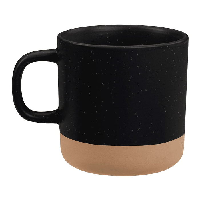 Santos 350ml Artisanal Ceramic Coffee Mug - A ceramic coffee mug featuring a black upper body with a speckled finish and a smooth tan lower section. Contains a logo.