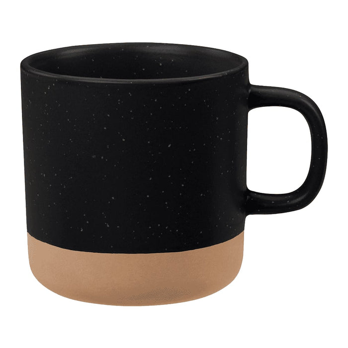 Santos 350ml Artisanal Ceramic Coffee Mug - A ceramic coffee mug featuring a black upper portion with speckles and a matte tan bottom. It has a comfortable handle and a logo.