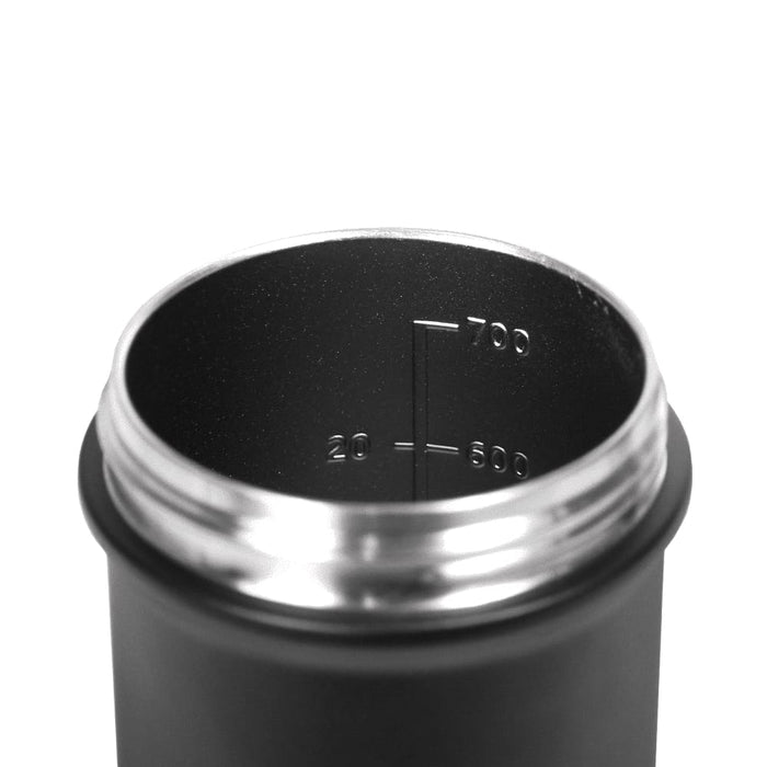 Forge Double Wall Shaker 750ml - A drink bottle with a black exterior and a stainless steel interior, featuring measurement markings inside.